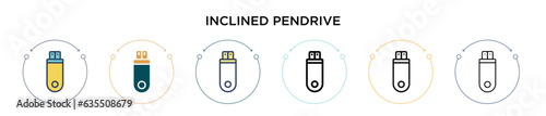 Inclined pendrive icon in filled, thin line, outline and stroke style. Vector illustration of two colored and black inclined pendrive vector icons designs can be used for mobile, ui, web