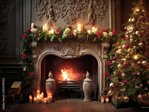 Beautiful green Christmas tree with new Year decorative balls  in the interior of a room with a fireplace