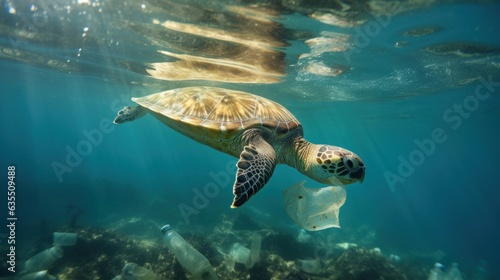 A turtle swimming amidst the garbage floating under in the ocean , pollution in the marine, effects on marine life, environment day concept.