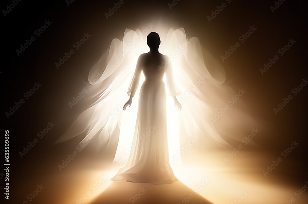 Angel abstract silhouette in white dress with light around him bright light silhouette, generated ai Angel abstract silhouette in white dress with light around him bright light silhouette, generated ai