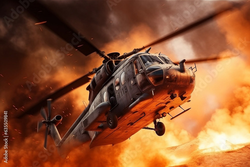 Murais de parede Military chopper crosses crosses fire and smoke in the desert, heroic battle, mi
