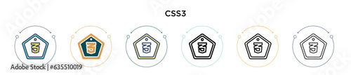 Css3 icon in filled, thin line, outline and stroke style. Vector illustration of two colored and black css3 vector icons designs can be used for mobile, ui, web