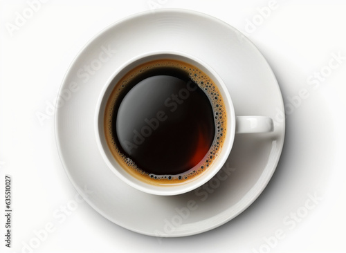 Top view on white coffee cup isolated on white background, cup of cappuccino, shadow around the cup, generative ai
