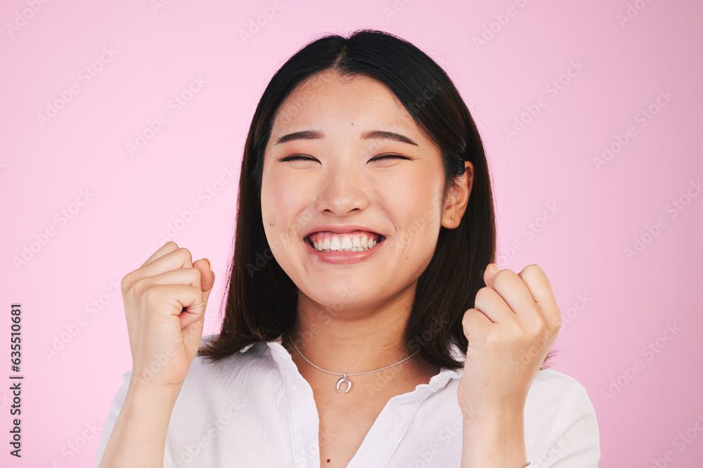 Happiness, studio face and asian woman celebrate success, achievement or winning promotion deal, giveaway or competition. Prize winner, award celebration or Japanese person excited on pink background Happiness, studio face and asian woman celebrate success, achievement or winning promotion deal, giveaway or competition. Prize winner, award celebration or Japanese person excited on pink background