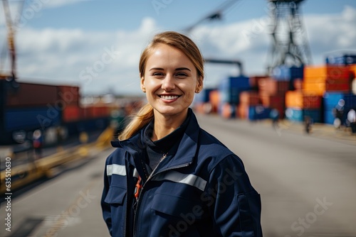 female freith forwarding manager - dockworker at a freight harbor (Generative AI)