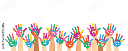 Multiethnic diverse painted colorful hands of children with smile and heart shape raised up isolated vector illustration on white background
