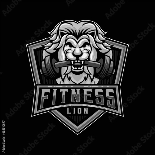 Lion Barbell Gym Logo. lion head while biting the very heavy barbell Vector Mascot Design Template Emblem Vector illustration
