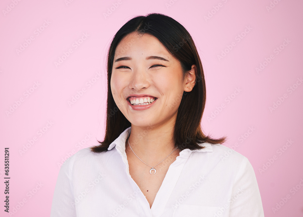 Portrait, happy and asian woman laugh in studio with funny, joke or silly humor on pink background. Comic, smile and face of female model laughing to goofy, comedy or playful, good mood or positivity Portrait, happy and asian woman laugh in studio with funny, joke or silly humor on pink background. Comic, smile and face of female model laughing to goofy, comedy or playful, good mood or positivity