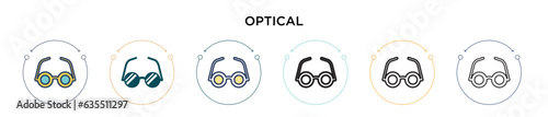 Optical icon in filled, thin line, outline and stroke style. Vector illustration of two colored and black optical vector icons designs can be used for mobile, ui, web