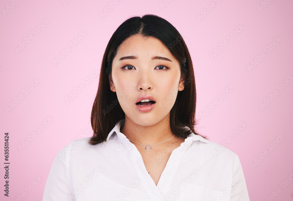 Wow, shock and surprise, portrait of asian woman with confusion for ...
