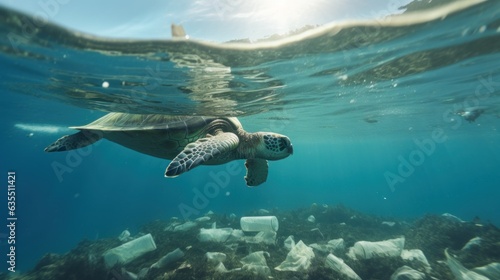 A turtle swimming amidst the garbage  floating under in the ocean , pollution in the marine, effects on marine life, environment day concept. © sawitreelyaon