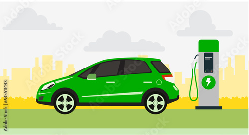 Scene of an electric car with a charger for electric cars, with the cityscape in the background. Concept of renewable energy. sustainability.