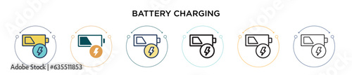 Battery charging icon in filled, thin line, outline and stroke style. Vector illustration of two colored and black battery charging vector icons designs can be used for mobile, ui, web