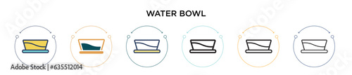 Water bowl icon in filled, thin line, outline and stroke style. Vector illustration of two colored and black water bowl vector icons designs can be used for mobile, ui, web