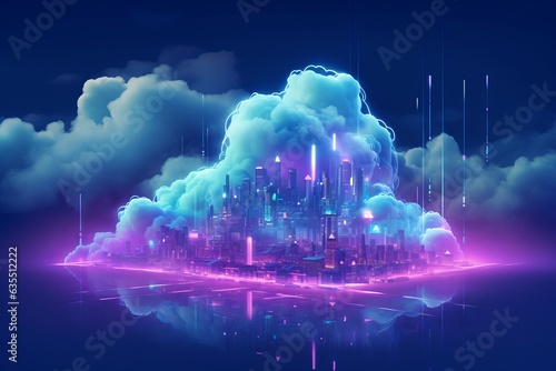 Futuristic City in Cloud Storage, Cloud computing, Cloud Computing Concept, Cloud computing technology internet concept background. Generative AI
