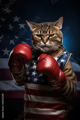 Cat, Boxer, Boxing, Fighting, Gloves, U.S., American flag, Portrait, Poster. ABSOLUTE BOXER CAT. American sports suit. Combat stance. Advertising poster. USA flag with waving effect.