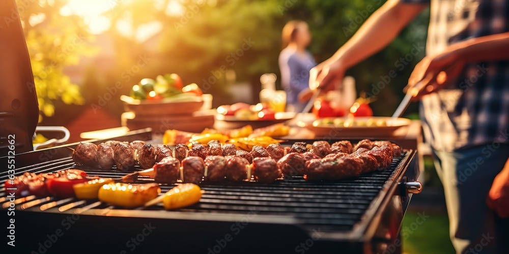 A group of friends having an outdoor party. Focus on barbecue grill with food.