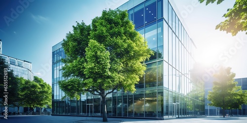 Environmentally friendly building. Sustainable glass office building with wood to reduce carbon emissions.