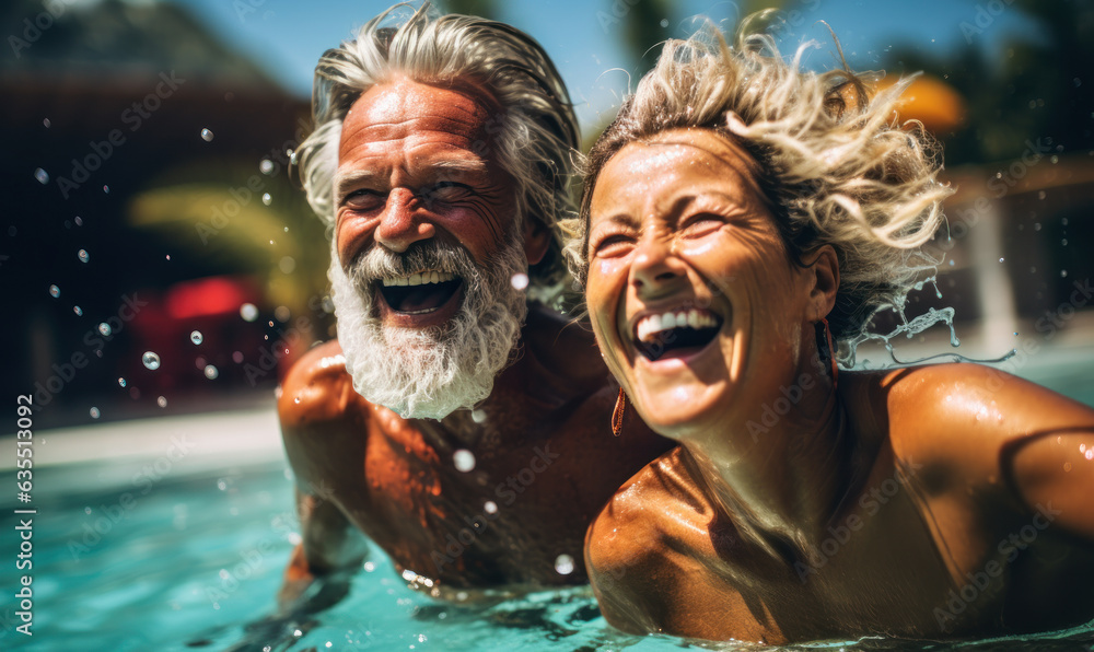 Summer Fun: Happy Mature Couple Enjoys Poolside Laughter