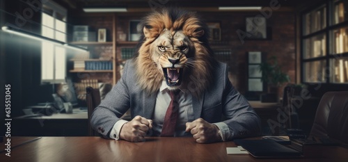 Lion businessman, Head manager, Office boss, Leader, Angry, Enraged, Fists. GET OUT OF MI OFFICE! 3D portrait of a lion man in business suit shouting with gnashing jaws. Very irritated.  photo