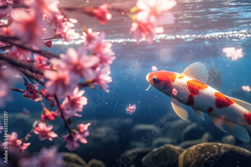 Koi fish swimming in a pond under a cherry tree. Cherry blossoms land in a lake. Generative AI © barmaleeva