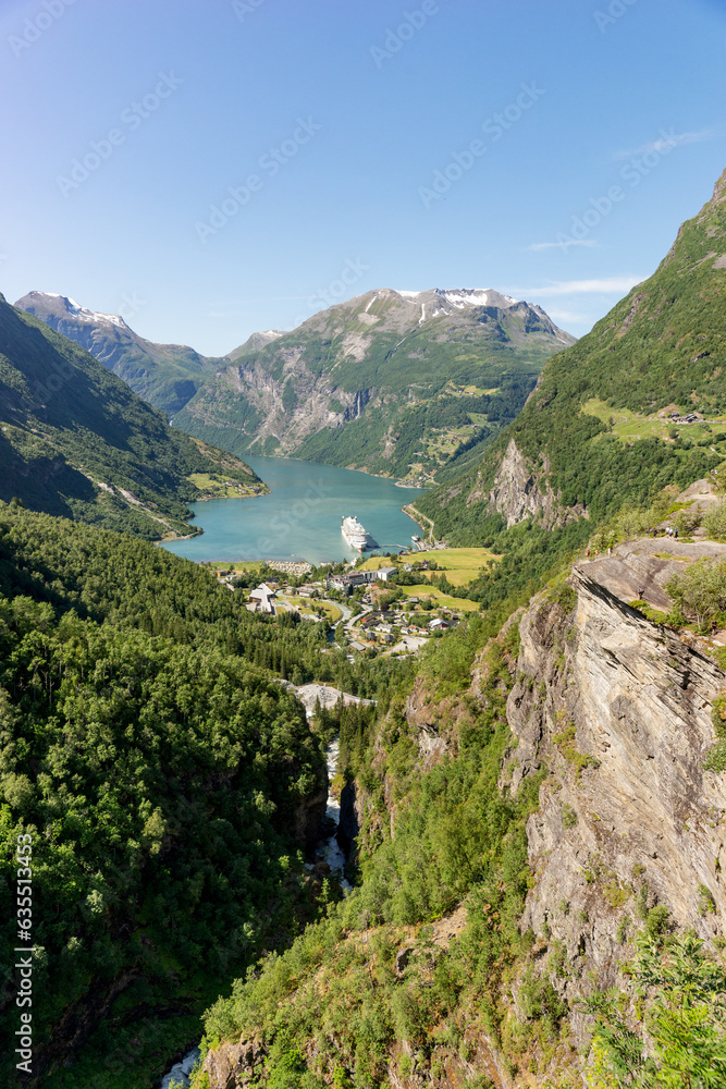 Geirangerfjord with cruise ship, view from Flydalsjuvet viewing point, Norway. Travel destination