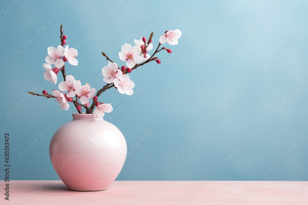 Cherry blossom flowers in a clay pot, minimalism, pastel background, reality, stock photography, high quality, professional photography with copy space Cherry blossom flowers in a clay pot, minimalism, pastel background, reality, stock photography, high quality, professional photography with copy space