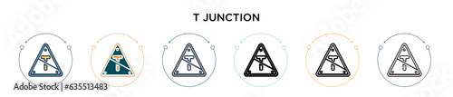 T junction icon in filled, thin line, outline and stroke style. Vector illustration of two colored and black t junction vector icons designs can be used for mobile, ui, web