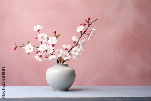 Cherry blossom flowers in a clay pot, minimalism, pastel background, reality, stock photography, high quality, professional photography with copy space