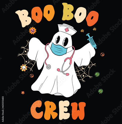 Groovy Hippie Boo Boo Crew Funny Nurse Ghost Halloween Illustration. Nursing Ghost Boo, RN Nurse Halloween