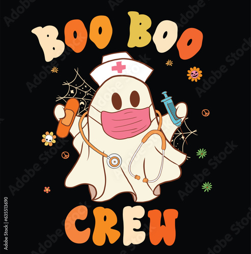 Groovy Hippie Boo Boo Crew Funny Nurse Ghost Halloween Illustration. Nursing Ghost Boo, RN Nurse Halloween