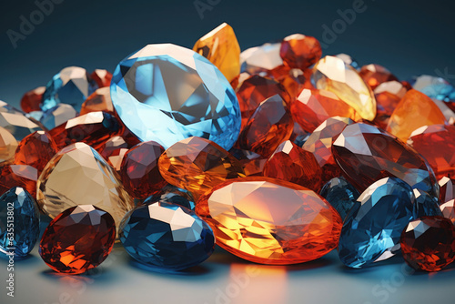 A pile of colored gemstones. Collection mix of gemstones jewelry on dark background. Generative AI photo