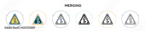 Merging sign icon in filled, thin line, outline and stroke style. Vector illustration of two colored and black merging sign vector icons designs can be used for mobile, ui, web