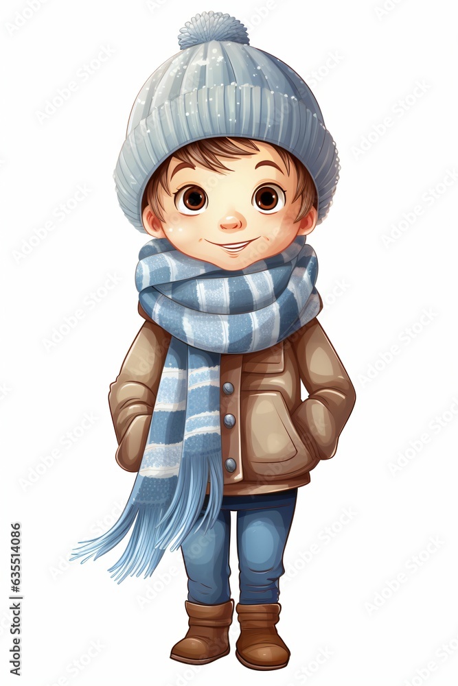 petit garçon avec bonnet et écharpe sur fond blanc, dessin jeunesse, illustration ia générative petit garçon avec bonnet et écharpe sur fond blanc, dessin jeunesse, illustration ia générative