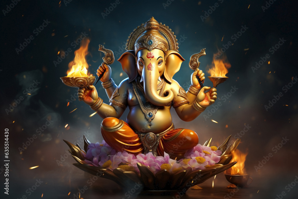 Guardians of tradition: Ganesha's Dewali with flowers and burning candles.