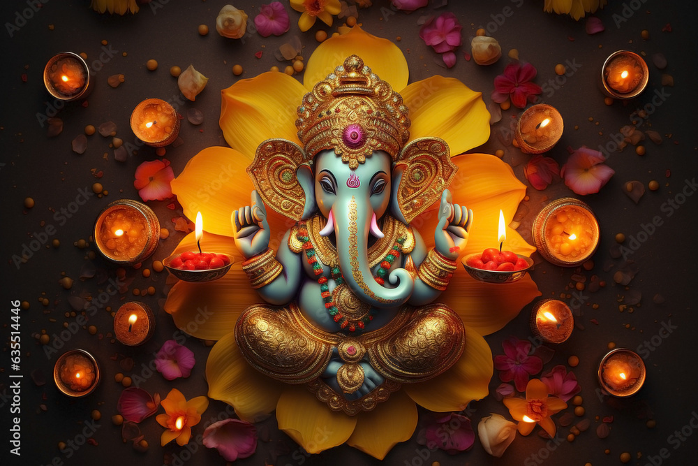 Cultural reflections: Ganesha and Dewali with flowers and candles top view. Cultural reflections: Ganesha and Dewali with flowers and candles top view.