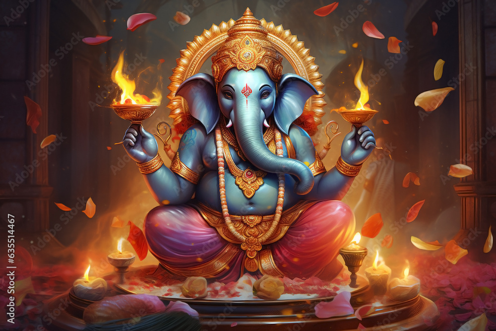 Fototapeta premium Ganesha's wisdom in the Dewali light holding two candles.
