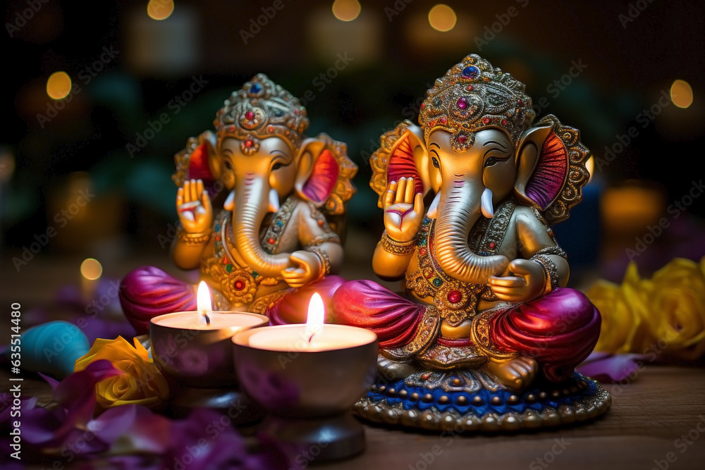 Embracing light: Two Ganesha during Dewali in front of lit oil lamps.