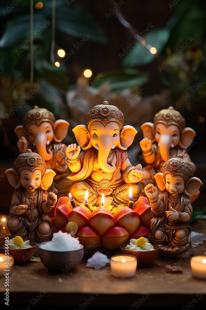 Group of five guardians of tradition: Ganesha's Dewali in front of burning oil lamps. Buddhist art during the Chaturthi festival.