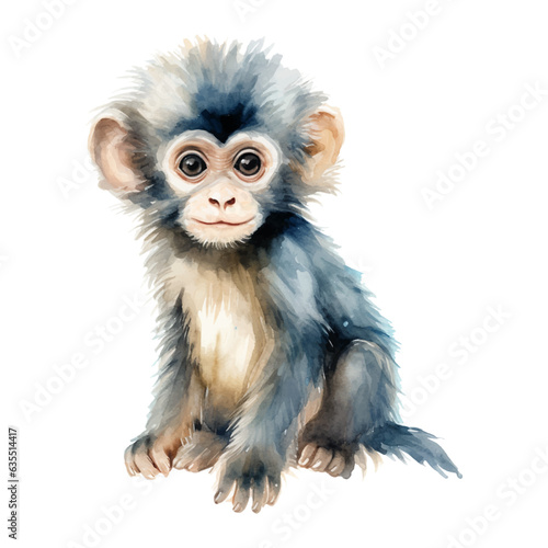 Watercolor monkey. Vector illustration with hand drawn cute marmoset. Clip art image.