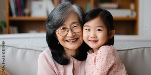 Loving adult daughter sitting on sofa at home and hugging elderly mother, happy and smiling photo