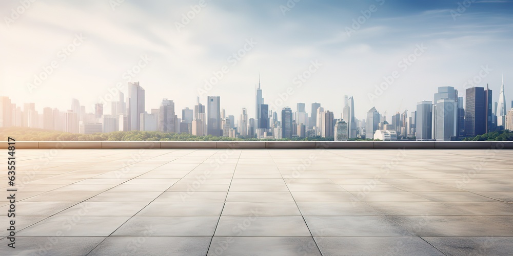 Empty floor and city skyline on building background
