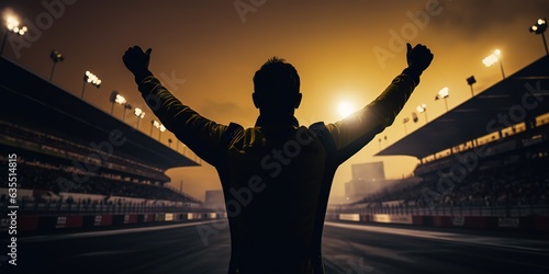 Silhouette of a racing driver celebrating victory in a race against the backdrop of the bright lights of the stadium.