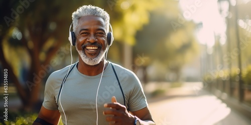 Senior man running outdoors and motivation for fitness, energy and healthy exercise with headphones