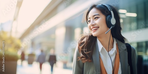 Happy young woman listening to music on headphones in the city.