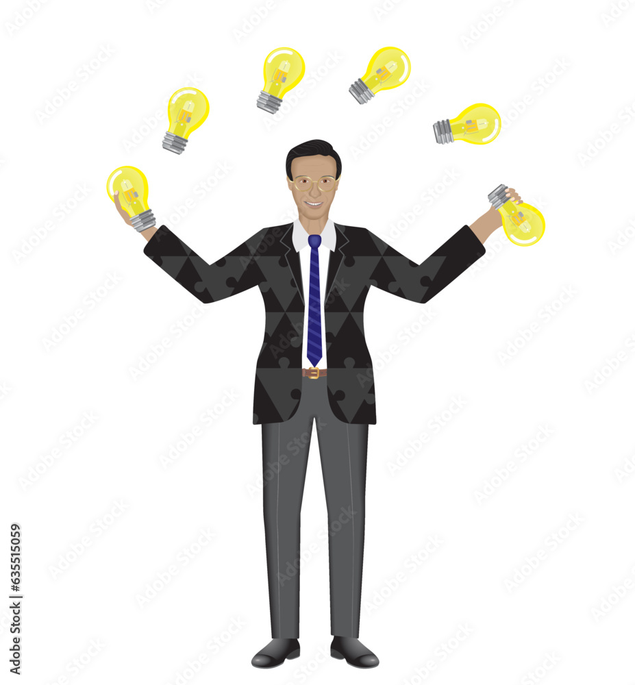 Man juggling with light bulbs. Multitasking, supervision, ideas and brainstorming. Isolated. Vector illustration. Man juggling with light bulbs. Multitasking, supervision, ideas and brainstorming. Isolated. Vector illustration.
