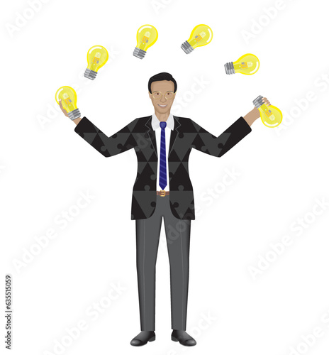 Man juggling with light bulbs. Multitasking, supervision, ideas and brainstorming. Isolated. Vector illustration.