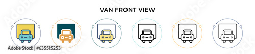Van front view icon in filled, thin line, outline and stroke style. Vector illustration of two colored and black van front view vector icons designs can be used for mobile, ui, web