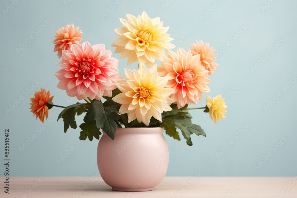 dahlia flowers in a clay pot, minimalism, pastel background, reality, stock photography