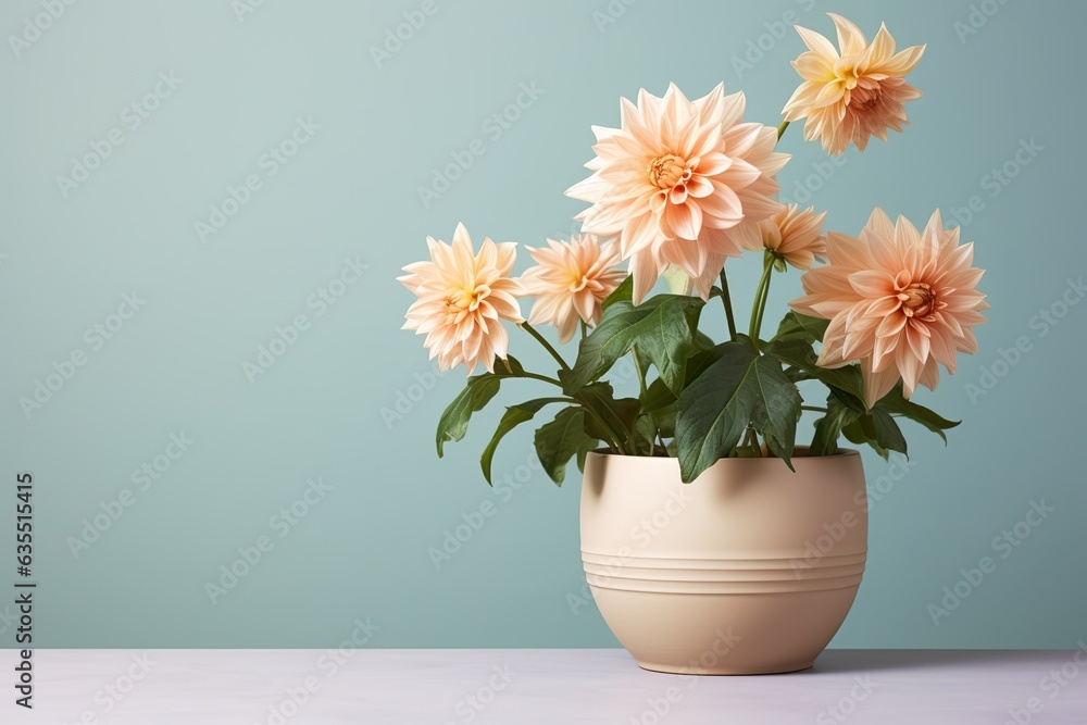 dahlia flowers in a clay pot, minimalism, pastel background, reality, stock photography dahlia flowers in a clay pot, minimalism, pastel background, reality, stock photography